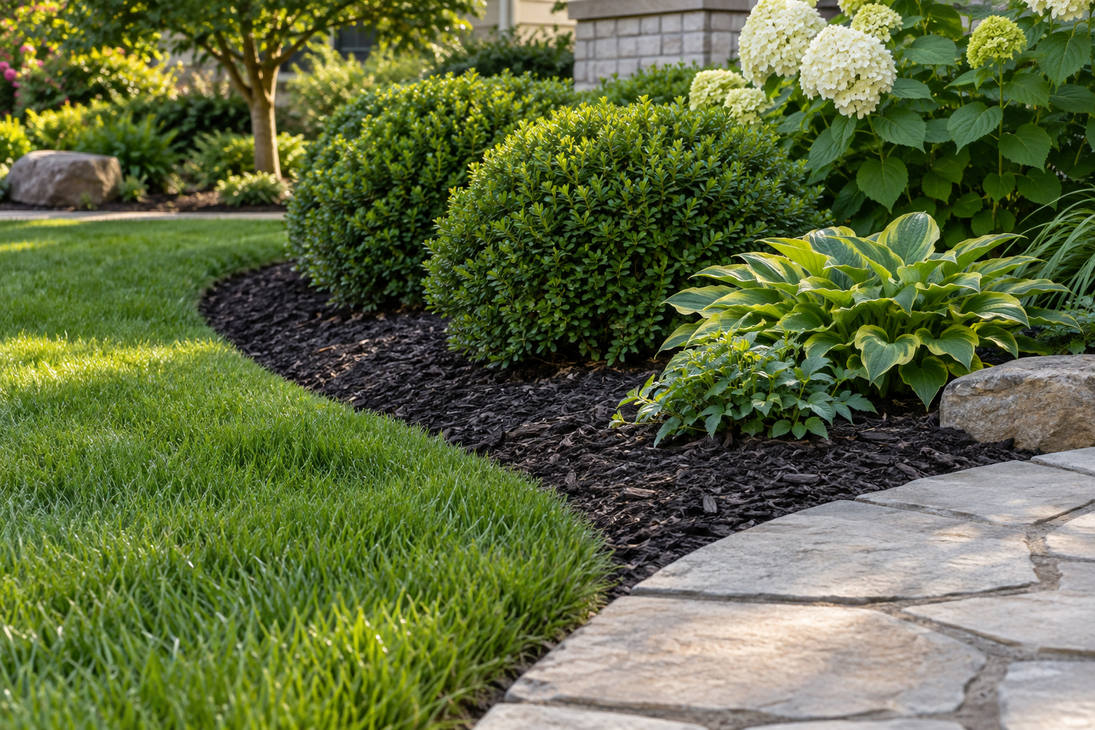 Neatly edged garden beds with fresh mulch and a stone path
