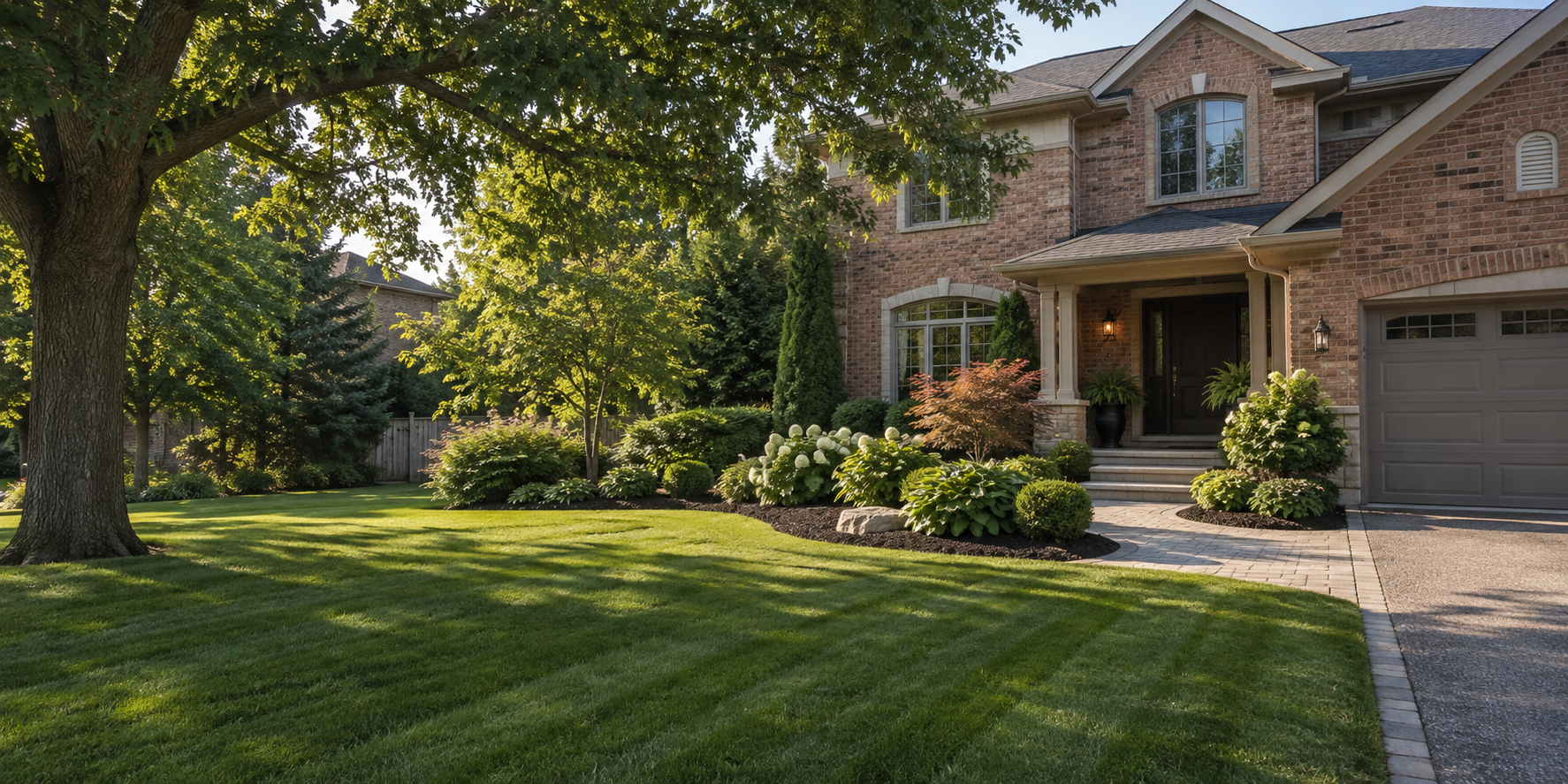 A carefully maintained lawn and garden beside a brick home